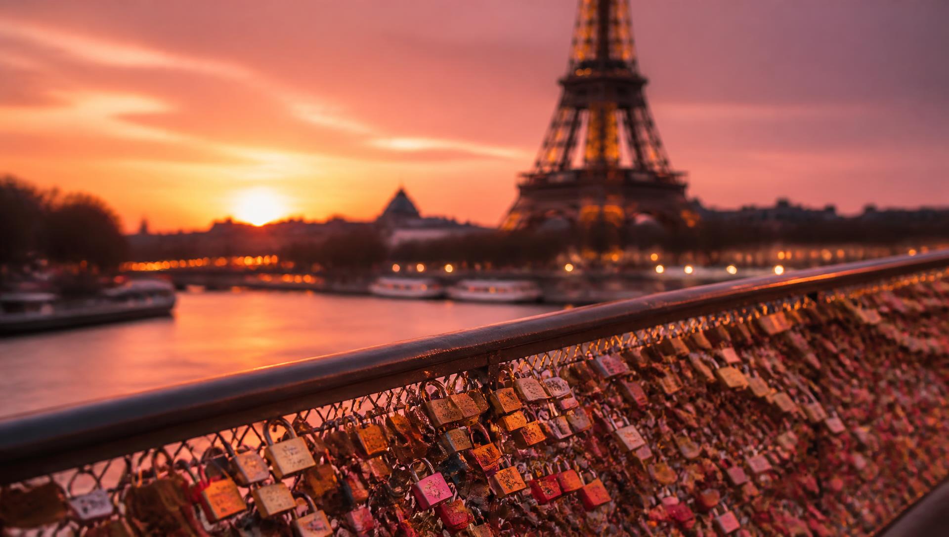 Padlocks covering a Paris bridge railing at sunset with the Eiffel Tower behind